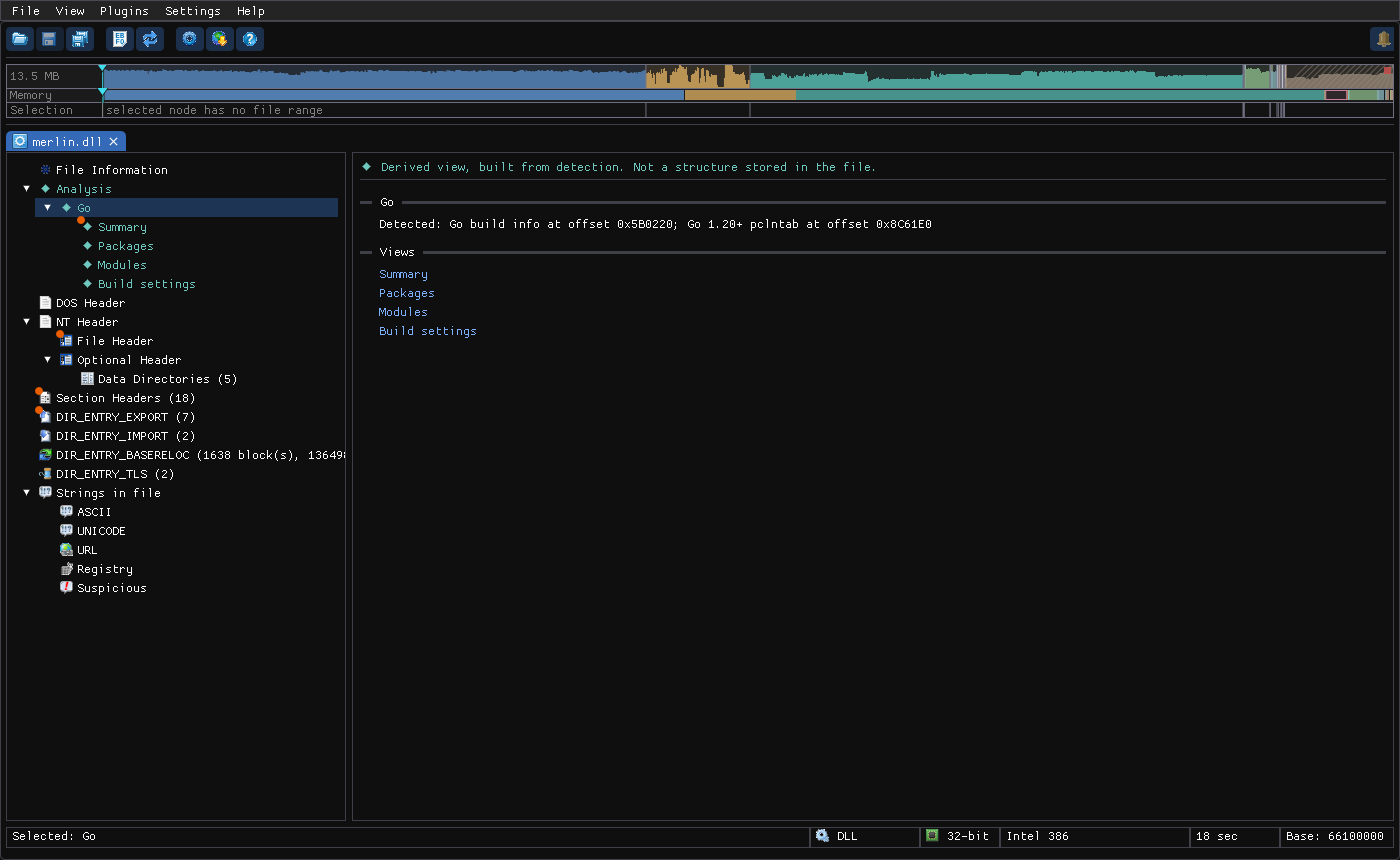 The Analysis node for a Go DLL: detected runtime and its views