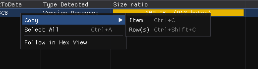 Row context menu with Copy submenu