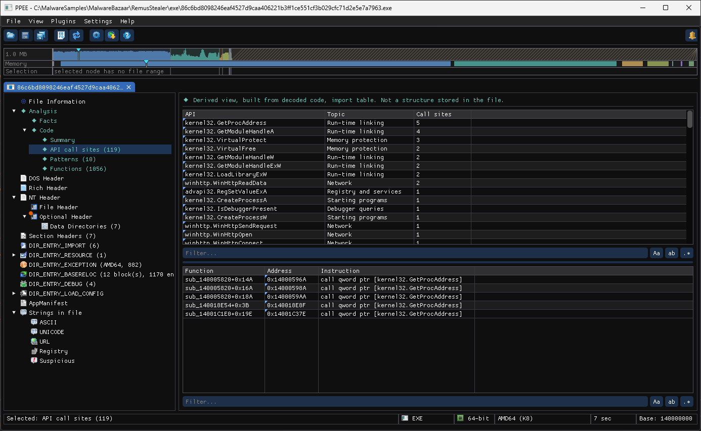 API call sites view: imported APIs with their capability topic and call-site count, and the five GetProcAddress calls below