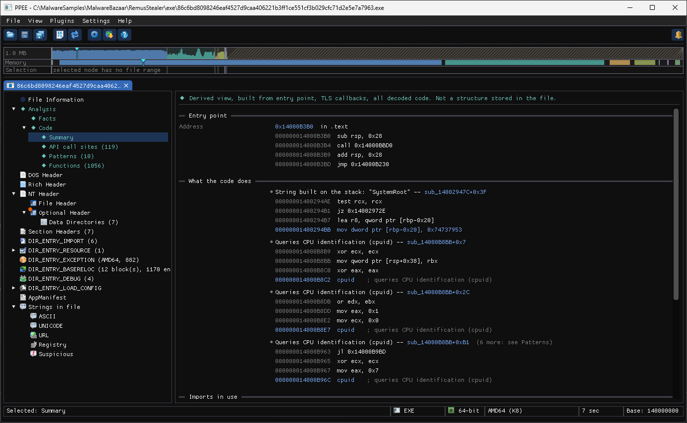 What the code does: a stack string "SystemRoot" and cpuid hints, each with its evidence instructions