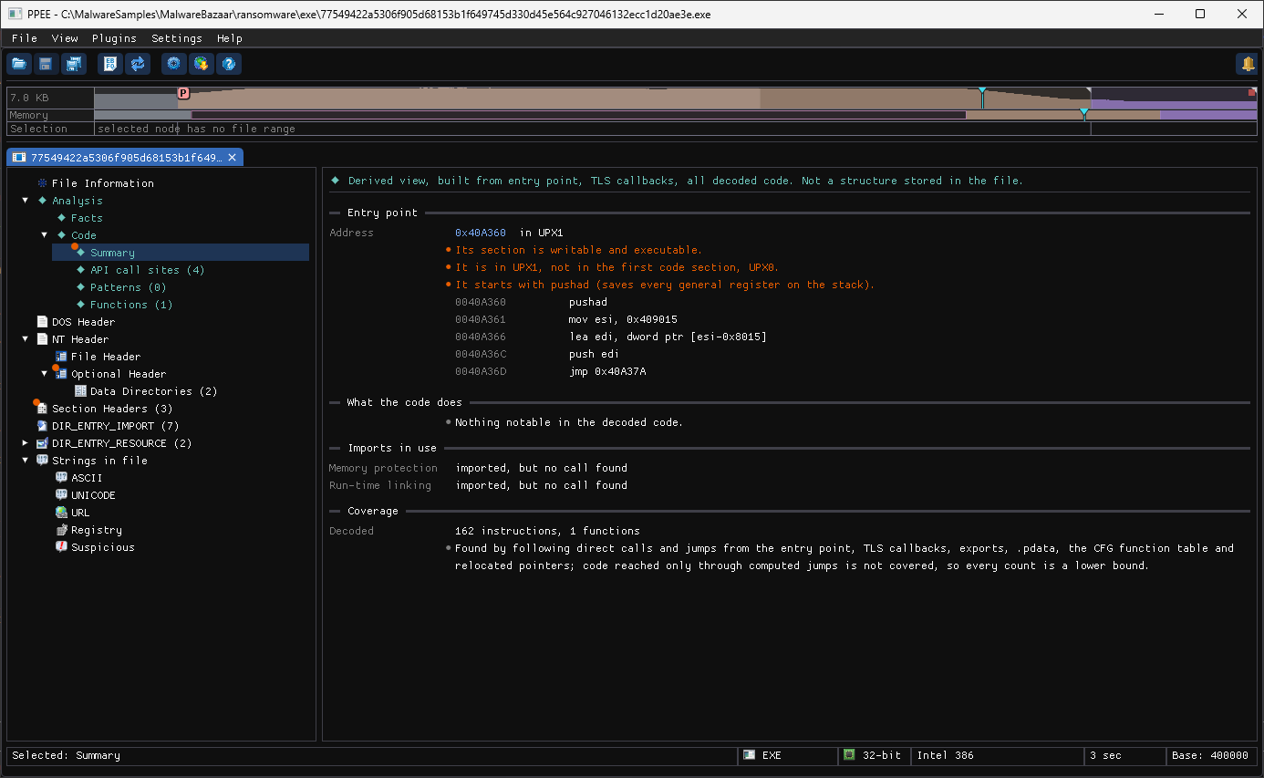 Code Summary of the UPX sample: entry point in UPX1 with three warnings, the pushad stub, and 162 decoded instructions