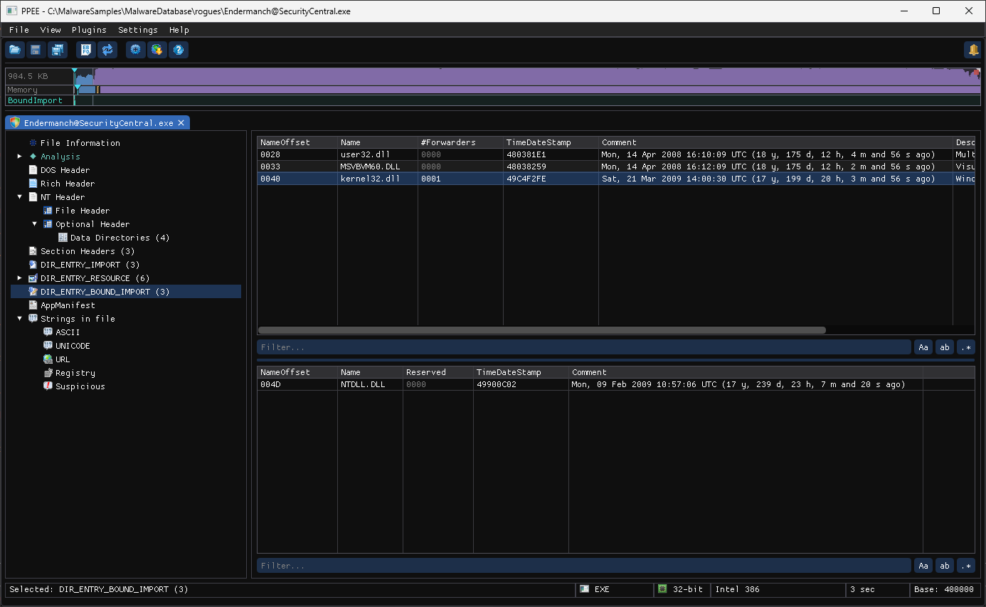 Bound imports of a rogue antivirus: user32, MSVBVM60 and kernel32 with 2008–2009 timestamps, and kernel32's forwarder to NTDLL