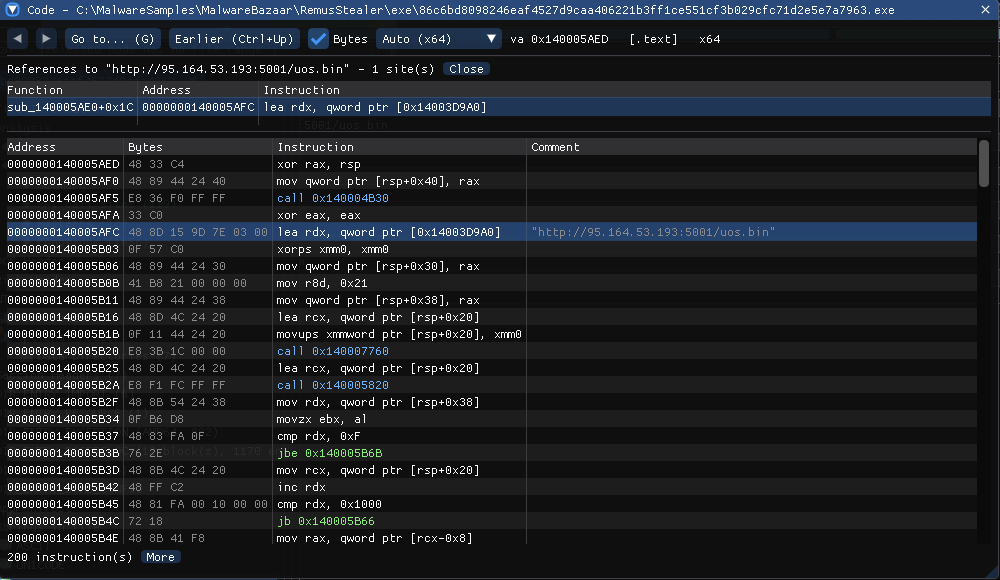 References panel: one site, sub_140005AE0+0x1C, lea rdx with the URL as comment