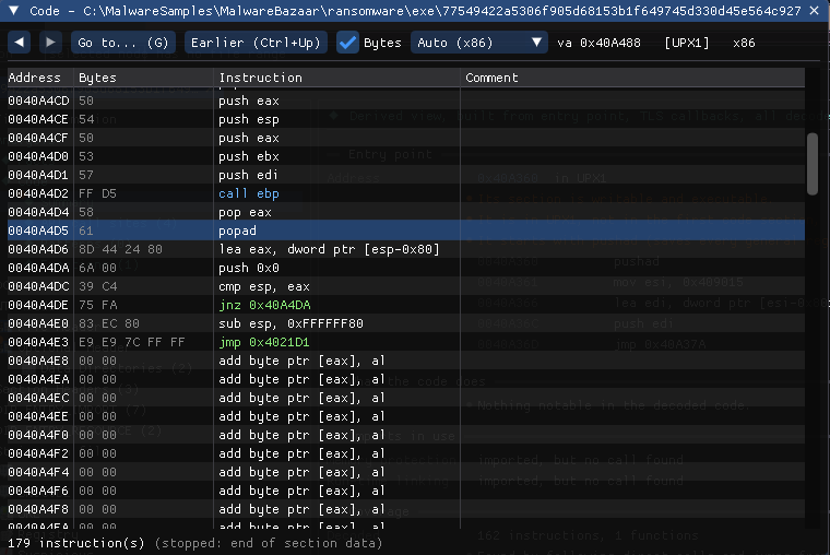 The end of the UPX stub in the Code window: popad, the stack-clearing loop and jmp 0x4021D1 into UPX0