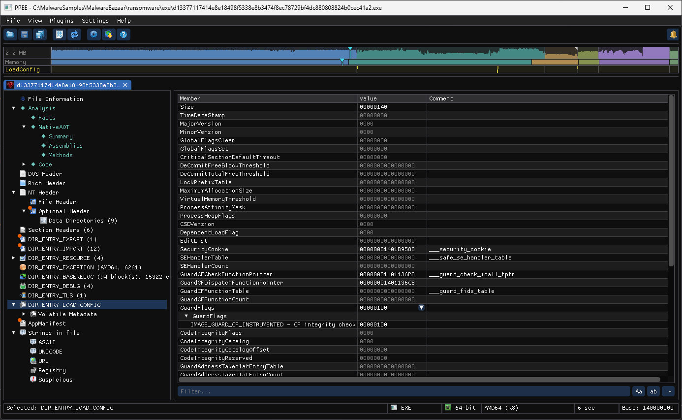 Load Config of a NativeAOT ransomware: a security cookie, GuardFlags CF_INSTRUMENTED only and no CF function table