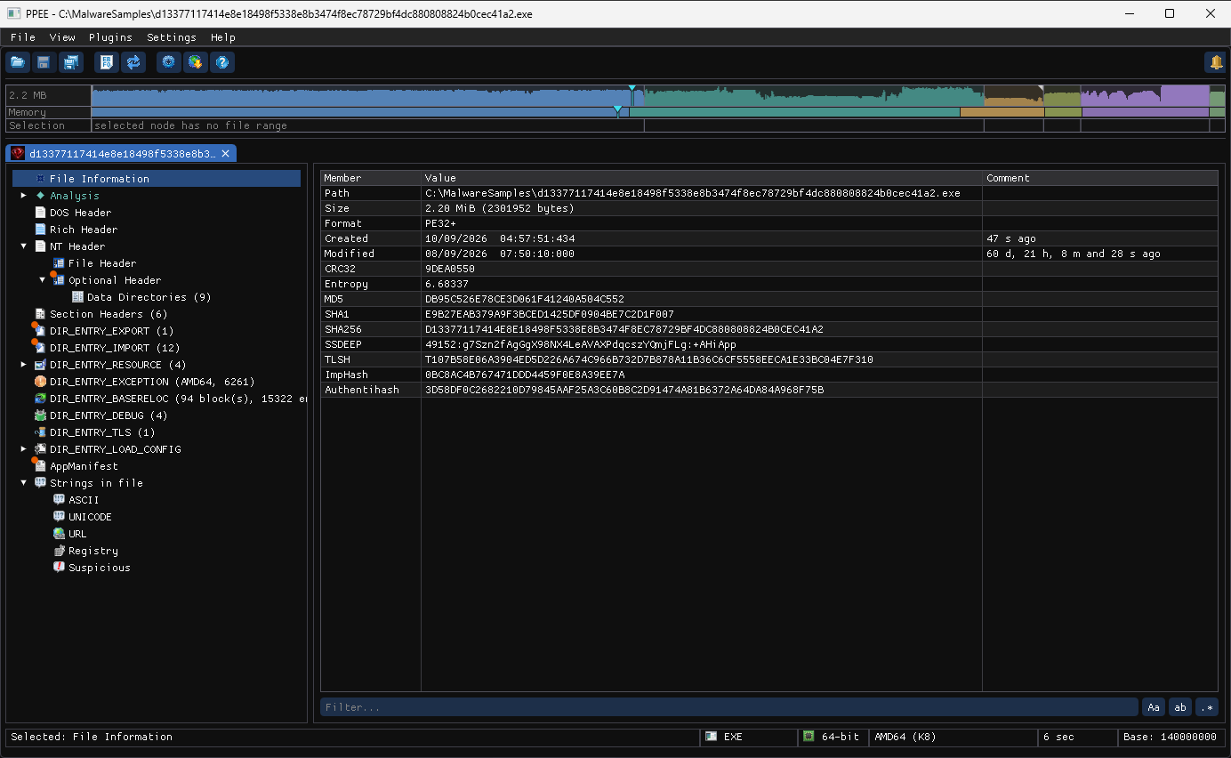 PPEE main window on Windows, with the NativeAOT ransomware sample open