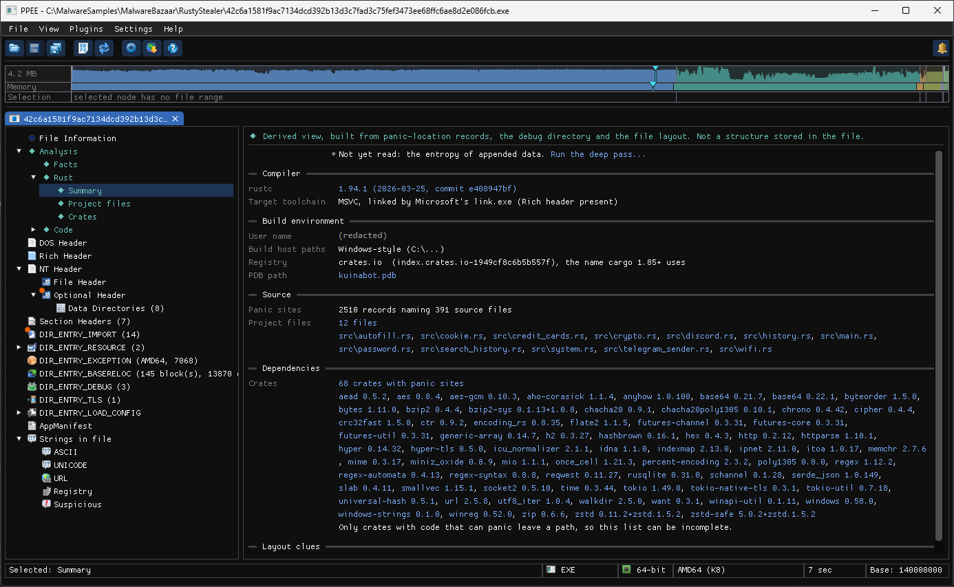 Rust Summary of an infostealer: rustc version, MSVC toolchain, PDB name, 12 project files and 68 crates
