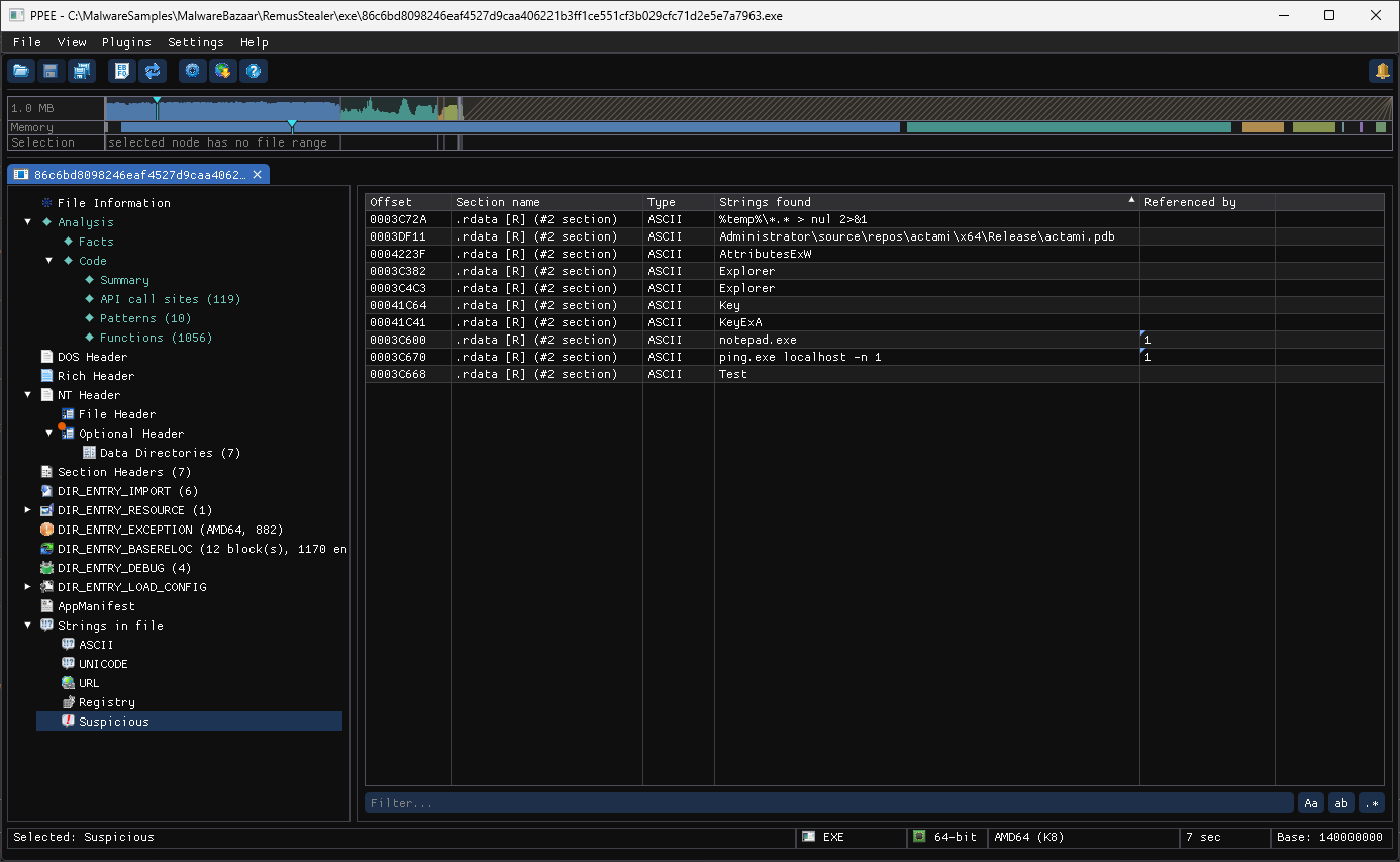 Suspicious strings: %temp% wipe, ping localhost delay, notepad.exe, PDB path