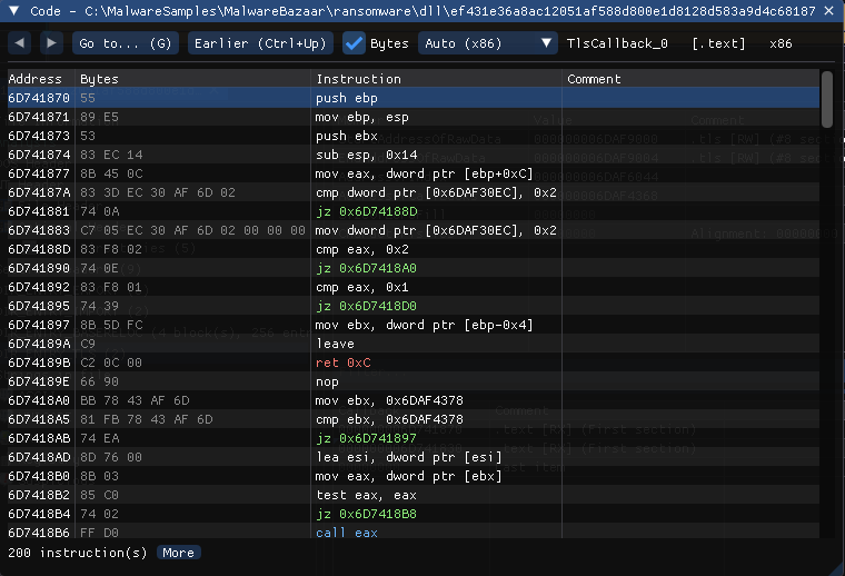 The Code window at a TLS callback: toolbar with back/forward, Go to, Earlier and Bytes, then Address, Bytes, Instruction and Comment columns