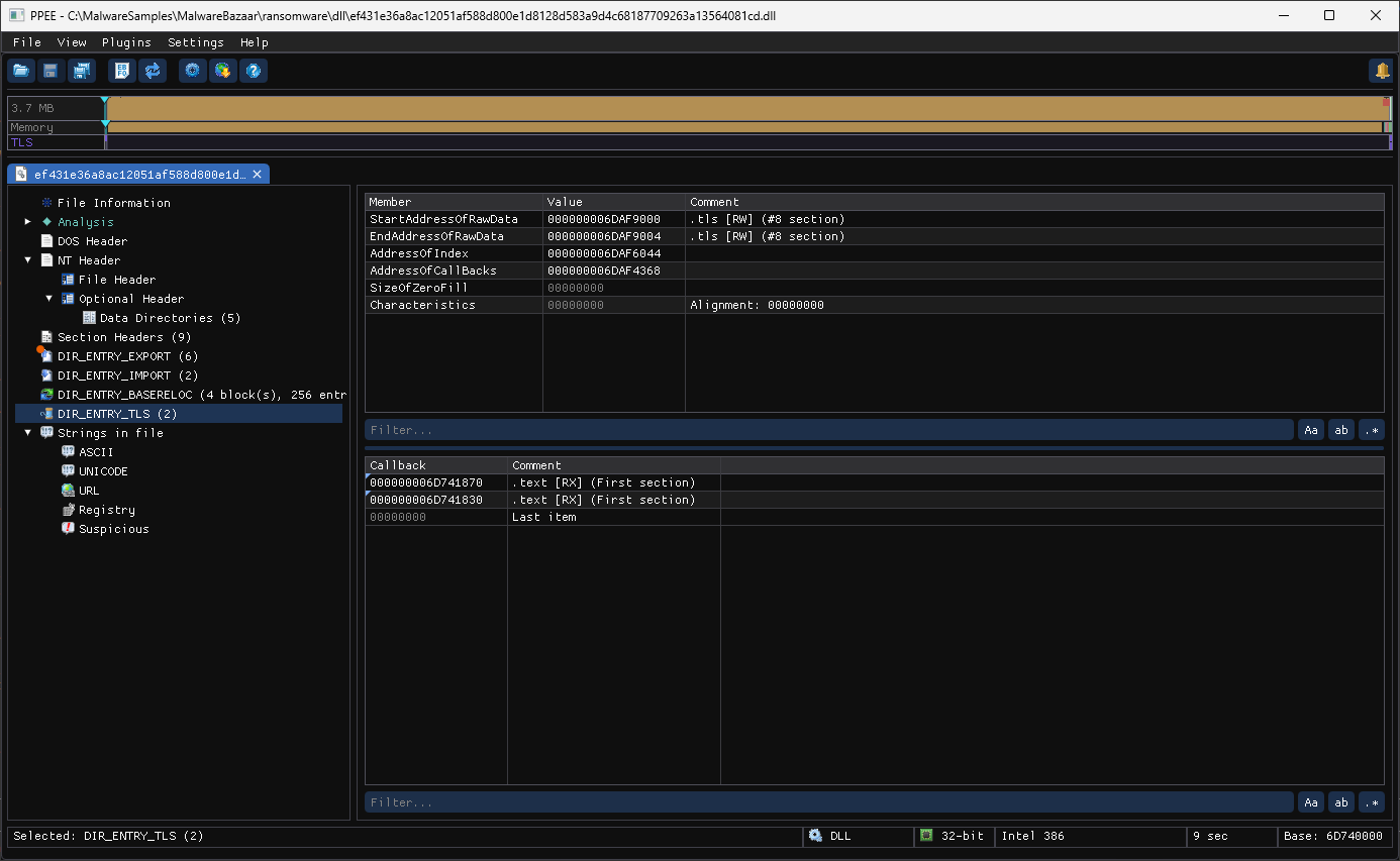 TLS directory of a ransomware DLL: two callbacks in .text and the terminating zero