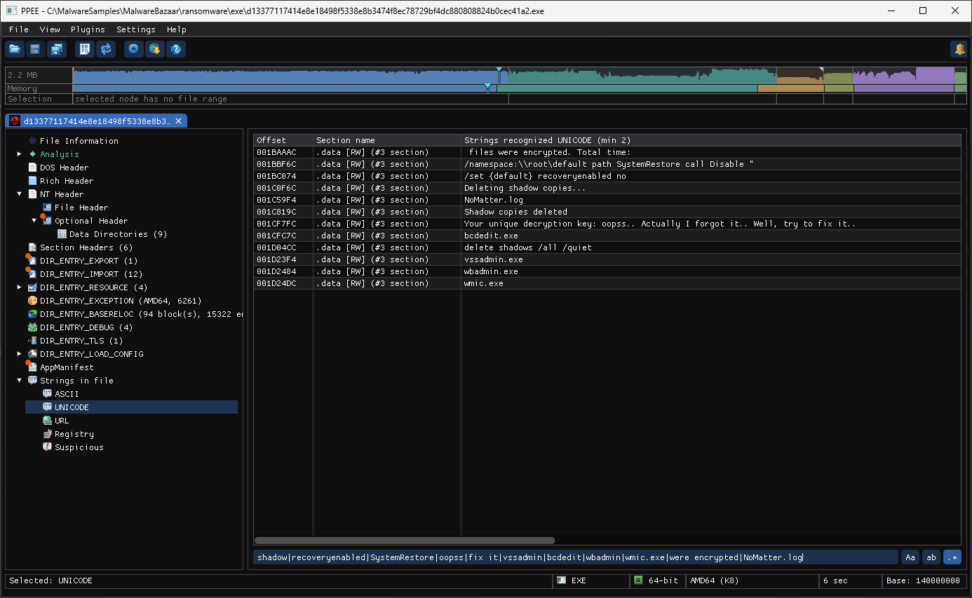 UNICODE strings filtered: vssadmin delete shadows, wmic SystemRestore Disable, bcdedit recoveryenabled no, and the ransom note